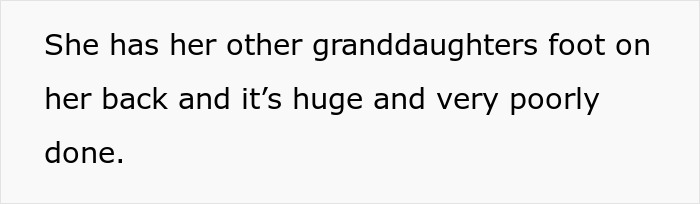 Text screenshot about grandmother's large, poorly done tattoo of granddaughter's foot. Text screenshot about grandmother's large, poorly done tattoo of granddaughter's foot.