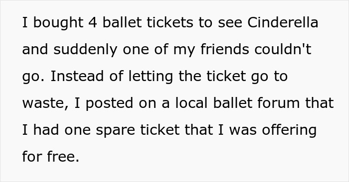Person Gives Away 1 Ballet Ticket For Free, Karen Shows Up With Her Husband, Demands Someone Give Up Their Seat For Him