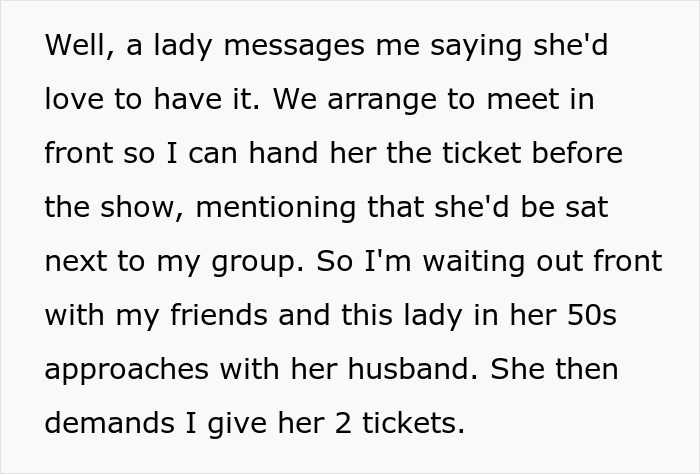 Person Gives Away 1 Ballet Ticket For Free, Karen Shows Up With Her Husband, Demands Someone Give Up Their Seat For Him Person Gives Away 1 Ballet Ticket For Free, Karen Shows Up With Her Husband, Demands Someone Give Up Their Seat For Him