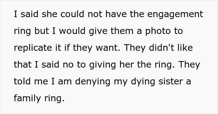 “[Am I The Jerk] For Saying My Terminally Ill Stepsister Can’t Have My Mom’s Engagement Ring”