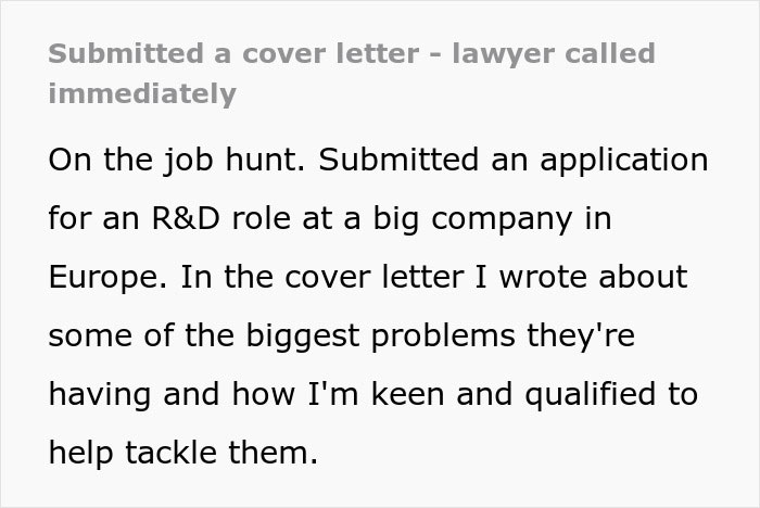 "The Call Should Have Ended There": Guy Tries To Impress Company With His Cover Letter, A Lawyer Calls Him Instead "The Call Should Have Ended There": Guy Tries To Impress Company With His Cover Letter, A Lawyer Calls Him Instead
