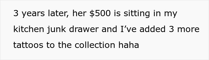 Text about MIL’s rude $500 gift being unused in a kitchen drawer.
