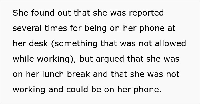 “She Took Breaks As Frequently As The Smokers Did”: Employee Gets Reported For Being On Her Phone During Lunchtime, Ends Up Maliciously Complying “She Took Breaks As Frequently As The Smokers Did”: Employee Gets Reported For Being On Her Phone During Lunchtime, Ends Up Maliciously Complying