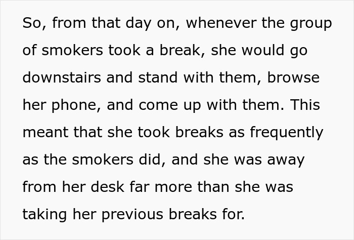 “She Took Breaks As Frequently As The Smokers Did”: Employee Gets Reported For Being On Her Phone During Lunchtime, Ends Up Maliciously Complying “She Took Breaks As Frequently As The Smokers Did”: Employee Gets Reported For Being On Her Phone During Lunchtime, Ends Up Maliciously Complying