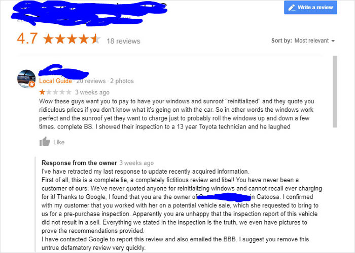 Owner Of Car Mechanic Shop Calls Out Fake Reviewer