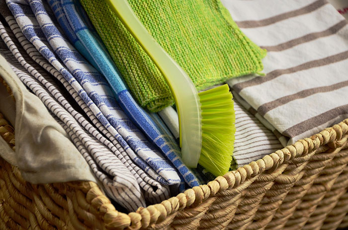 Organized towels in wicker basket
