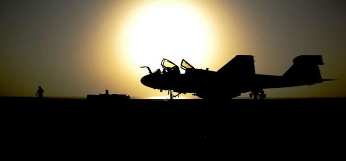 From My Time In The Navy, I Give You A Sunset Behind An Ea-6b Prowler On The Flight Deck