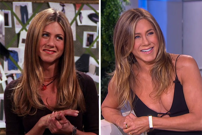 Split image showing a female celebrity in two different time periods, illustrating celebrities that seemingly never age.