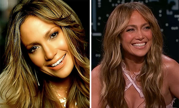 Jennifer Lopez smiling in two photos showcasing her youthful appearance among celebrities that seemingly never age.