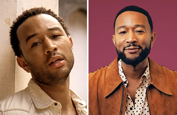 John Legend in two portraits, one casual and one styled, showcasing a youthful and timeless appearance for celebrities who never age.