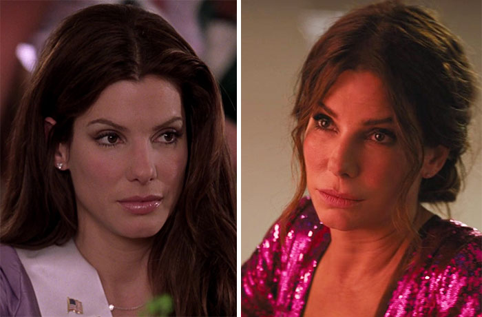Sandra Bullock in two different scenes showcasing her timeless look, highlighting celebrities that seemingly never age.