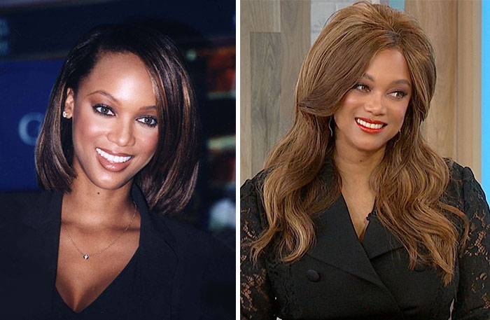 Side-by-side photos of a celebrity showcasing timeless beauty, exemplifying celebrities that seemingly never age.