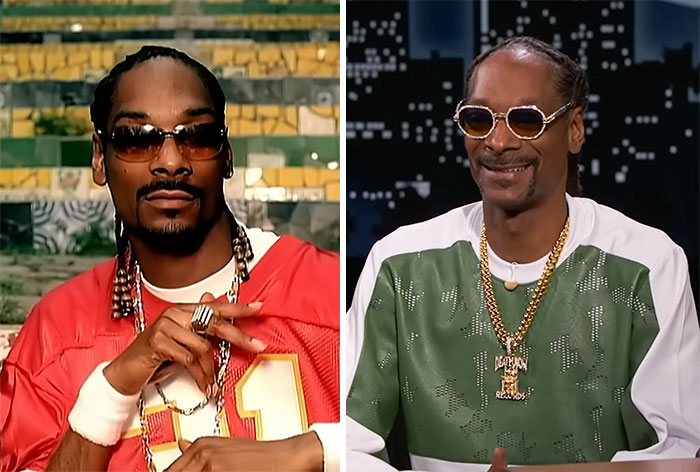 Snoop Dogg in two photos showing his seemingly never aging look with sunglasses and casual attire.