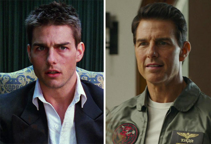 Actor Tom Cruise shown in two photos years apart, illustrating celebrities that seemingly never age.