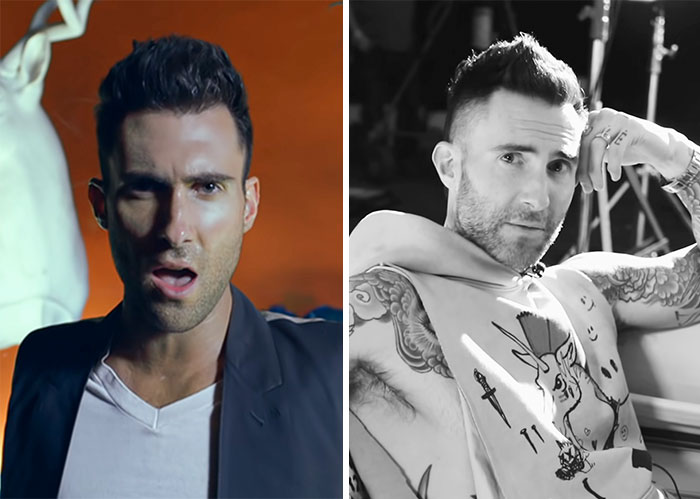 Side by side images of a tattooed man with dark hair, showcasing celebrities that seemingly never age in different settings.