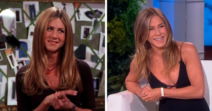 Jennifer Aniston shown in two images years apart, illustrating celebrities that seemingly never age with youthful appearances.