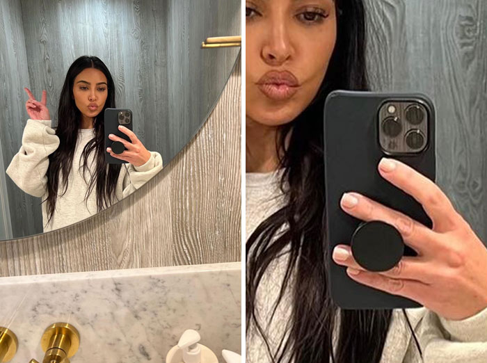 Kim Kardashian Accused Of Allegedly Photoshopping Her Cheekbones In Her New Mirror Selfie As Followers Spotted The Wavy Line On The Top Of Her Phone Case