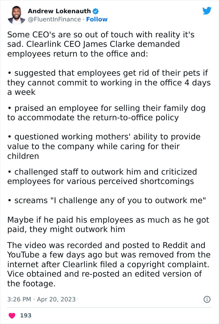 CEO Celebrates Worker Who Sold His Dog To Return To The Office, Sparks Huge Backlash Online CEO Celebrates Worker Who Sold His Dog To Return To The Office, Sparks Huge Backlash Online