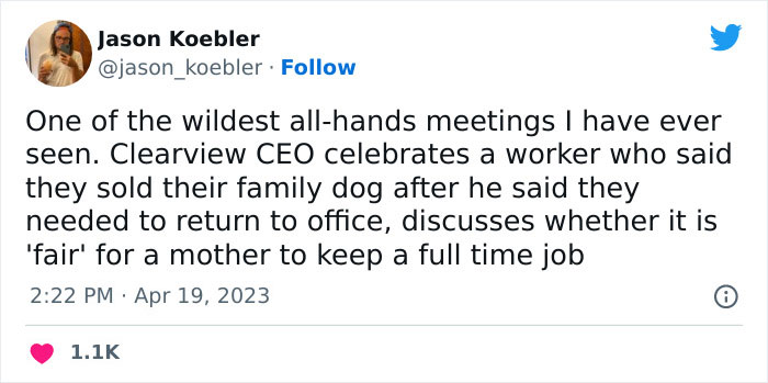 CEO Celebrates Worker Who Sold His Dog To Return To The Office, Sparks Huge Backlash Online CEO Celebrates Worker Who Sold His Dog To Return To The Office, Sparks Huge Backlash Online