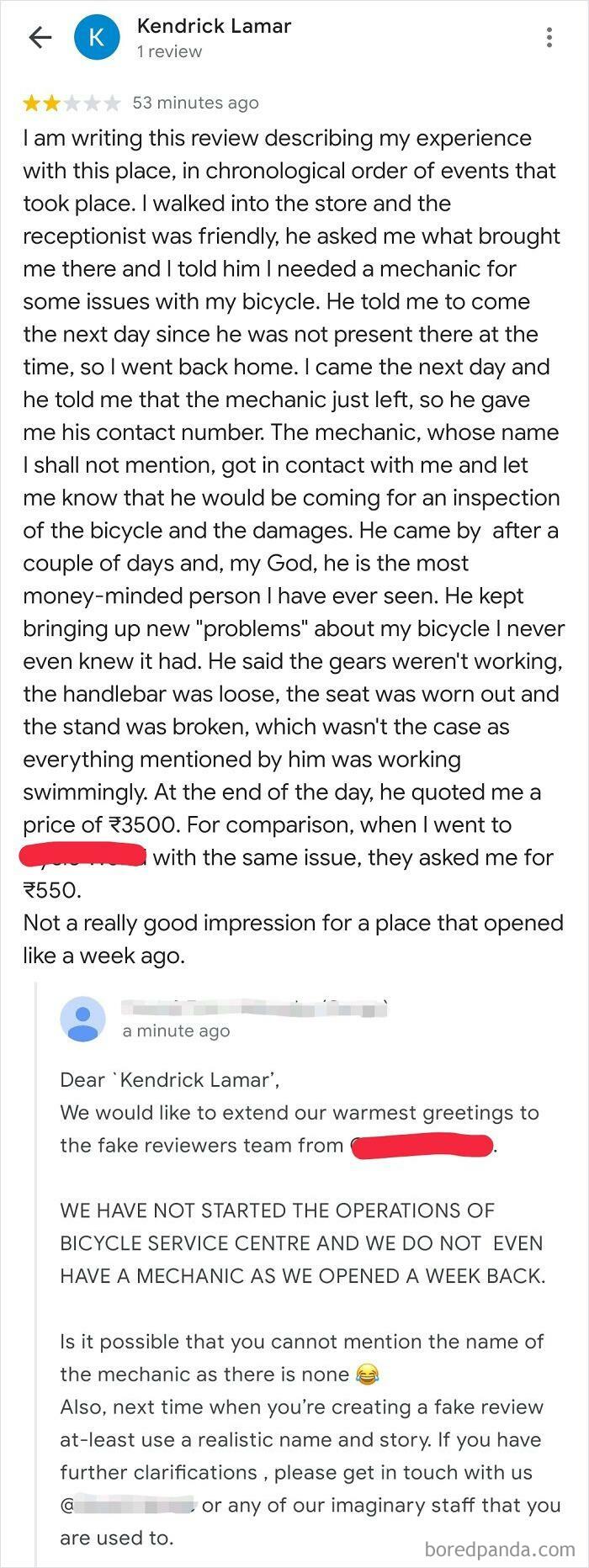 Fake Review By A Competitor For A Bicycle Store