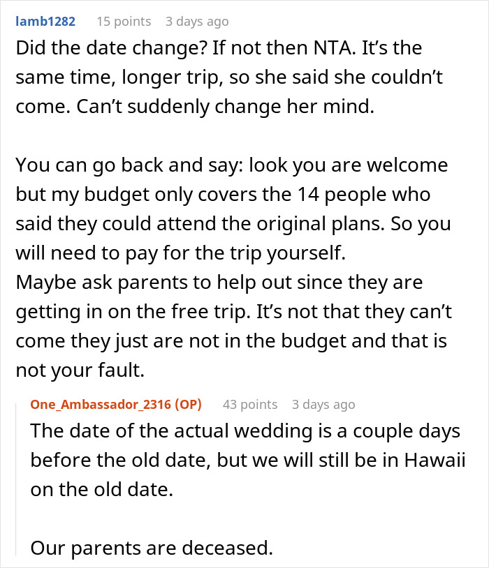 “AITA For Not Reinviting My Sister And Her Family To My Wedding After We Changed It?”