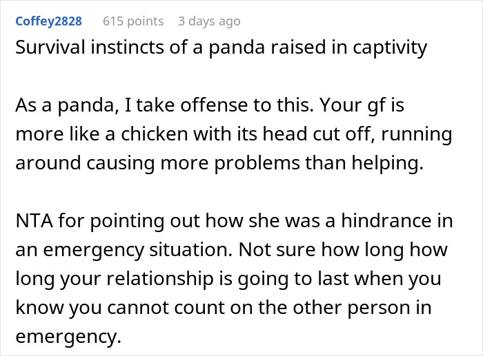 "She Has The Survival Instinct Of A Panda Raised In Captivity": Guy Reprimands Fiancée After She Panics In A Dangerous Situation "She Has The Survival Instinct Of A Panda Raised In Captivity": Guy Reprimands Fiancée After She Panics In A Dangerous Situation