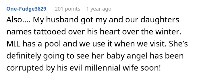 Text from an online post discussing a husband's tattoo and mentioning a pool visit with the MIL.