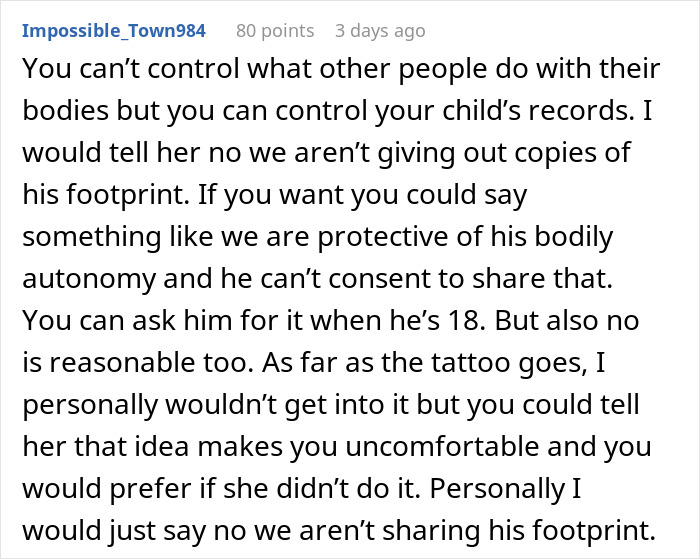 Reddit comment discussing discomfort over MIL wanting a tattoo of grandkid's footprint and suggestions to handle it. Reddit comment discussing discomfort over MIL wanting a tattoo of grandkid's footprint and suggestions to handle it.