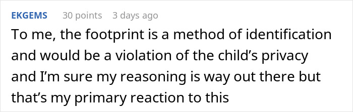 Comment expressing concerns over tattooing grandkid's footprint for privacy reasons. Comment expressing concerns over tattooing grandkid's footprint for privacy reasons.