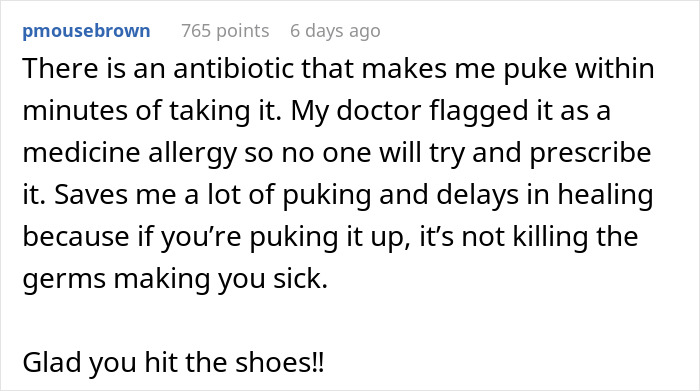 "Not The Shoes, They Cost Me $300!": Patient’s Revenge Story Of Barfing On Doctor For Ignoring Her Medicine Allergies "Not The Shoes, They Cost Me $300!": Patient’s Revenge Story Of Barfing On Doctor For Ignoring Her Medicine Allergies