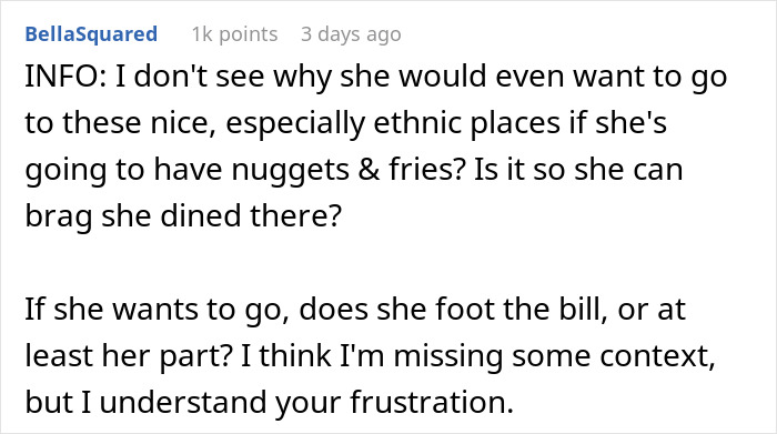 "Am I A Jerk For Refusing To Take My Girlfriend To Nice Places Because She Eats Like A Kid?"