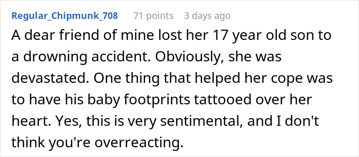 Text of a social media comment discussing sentimental tattoos of baby footprints as a coping mechanism. Text of a social media comment discussing sentimental tattoos of baby footprints as a coping mechanism.