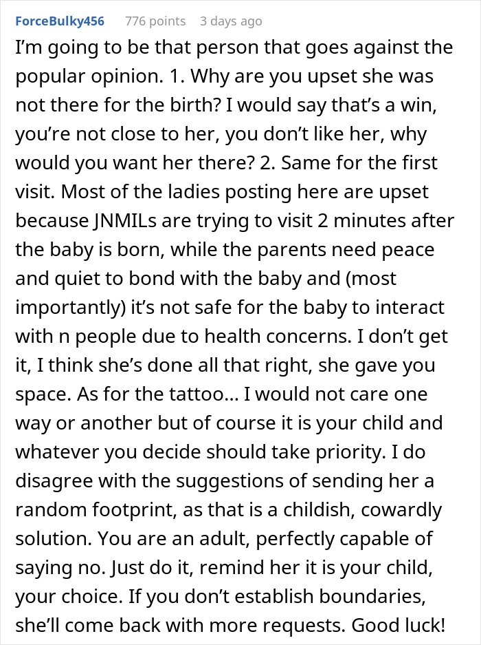 Reddit comment discussing a new mom's issue with her MIL wanting a tattoo of the grandkid's footprint. Reddit comment discussing a new mom's issue with her MIL wanting a tattoo of the grandkid's footprint.