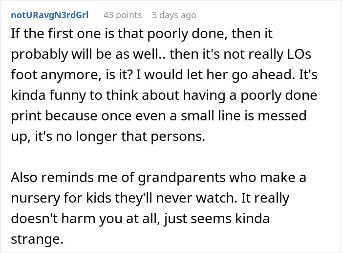 Text discussing concerns about a MIL wanting a grandkid's footprint tattoo. Text discussing concerns about a MIL wanting a grandkid's footprint tattoo.