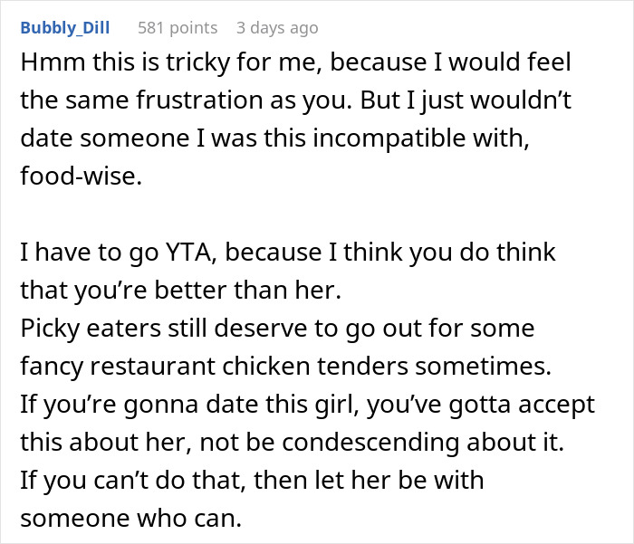 "Am I A Jerk For Refusing To Take My Girlfriend To Nice Places Because She Eats Like A Kid?" "Am I A Jerk For Refusing To Take My Girlfriend To Nice Places Because She Eats Like A Kid?"