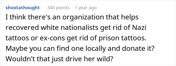 Reddit comment suggesting donating MIL’s rude gift to a tattoo removal organization.