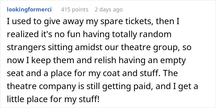 Person Gives Away 1 Ballet Ticket For Free, Karen Shows Up With Her Husband, Demands Someone Give Up Their Seat For Him
