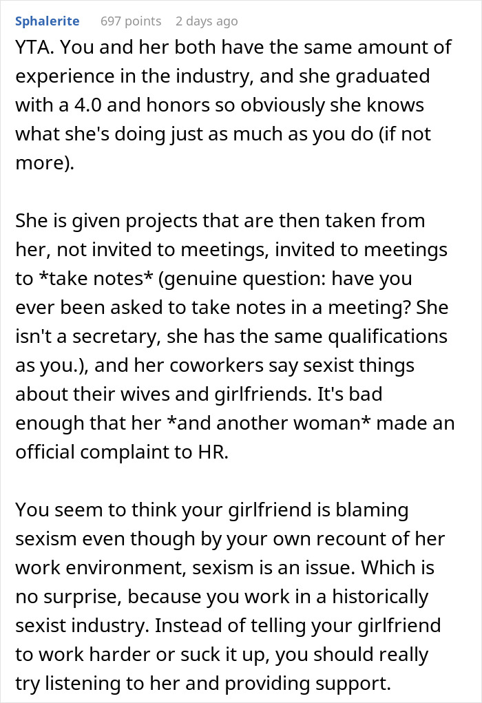 Guy Challenges His GF's Claims About Sexism At Work, Gets An Eye-Opening Reality Check Guy Challenges His GF's Claims About Sexism At Work, Gets An Eye-Opening Reality Check