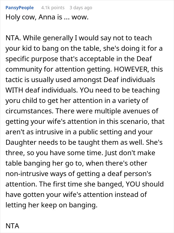 Man Leaves Dinner After His Future SIL Calls His Deaf Wife Defective And His 3 Y.O. Daughter Impolite For “Banging On The Table” Man Leaves Dinner After His Future SIL Calls His Deaf Wife Defective And His 3 Y.O. Daughter Impolite For “Banging On The Table”