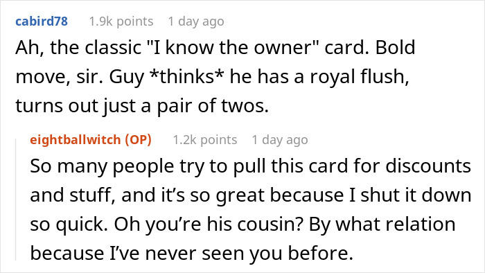 “You Must Not Know Your Boss Very Well”: Boss’s Child Shuts Down Entitled Customer Who Tried To Get Product For Free By Claiming To Know The Boss “You Must Not Know Your Boss Very Well”: Boss’s Child Shuts Down Entitled Customer Who Tried To Get Product For Free By Claiming To Know The Boss