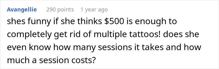 Comment discussing the inadequate $500 gift for tattoo removal.