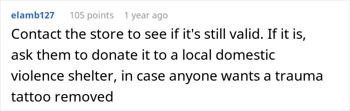 "Screenshot of a comment suggesting to donate MIL's rude $500 gift to a domestic violence shelter for trauma tattoo removal.