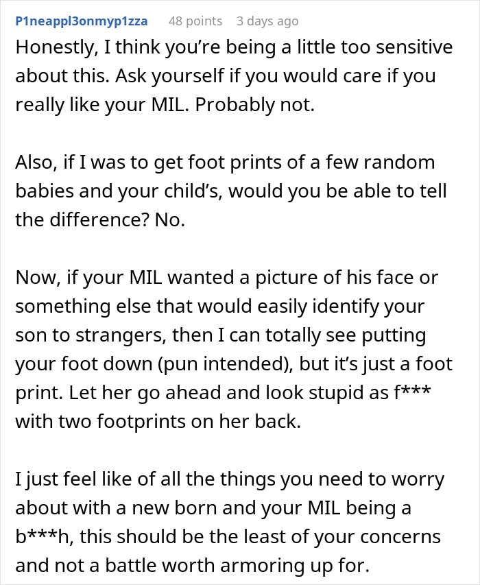 Reddit comment discussing a new mom's concern about MIL wanting a tattoo of grandkid's footprint. Reddit comment discussing a new mom's concern about MIL wanting a tattoo of grandkid's footprint.