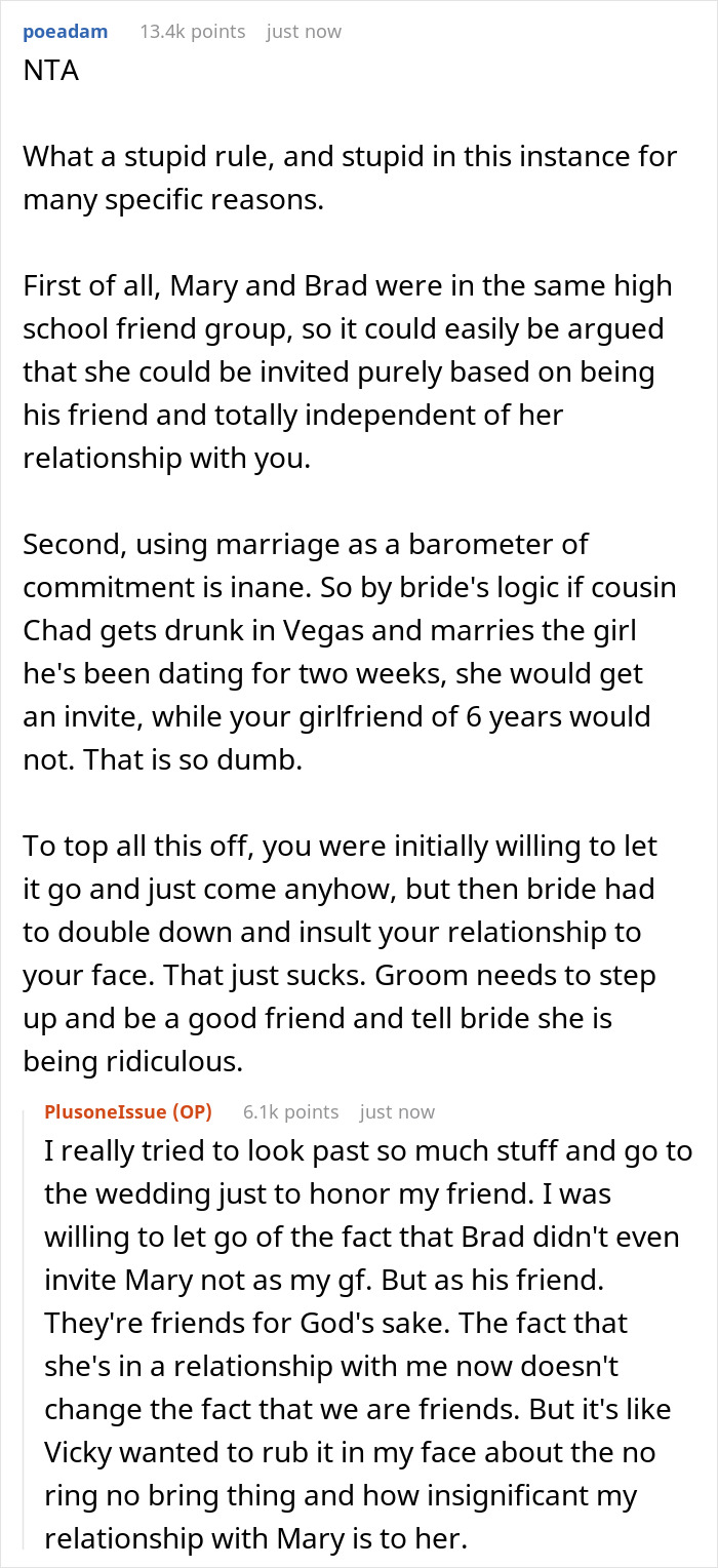 Man Rebels Against Friend's "No Ring No Bring" Wedding Rule After His Girlfriend Of 6 Years Isn't Invited Man Rebels Against Friend's "No Ring No Bring" Wedding Rule After His Girlfriend Of 6 Years Isn't Invited