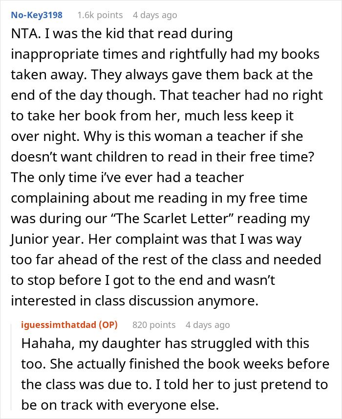 Father Supports His Daughter After The Teacher Took Away Her Book For Reading At Recess, Gets Called A Jerk Father Supports His Daughter After The Teacher Took Away Her Book For Reading At Recess, Gets Called A Jerk