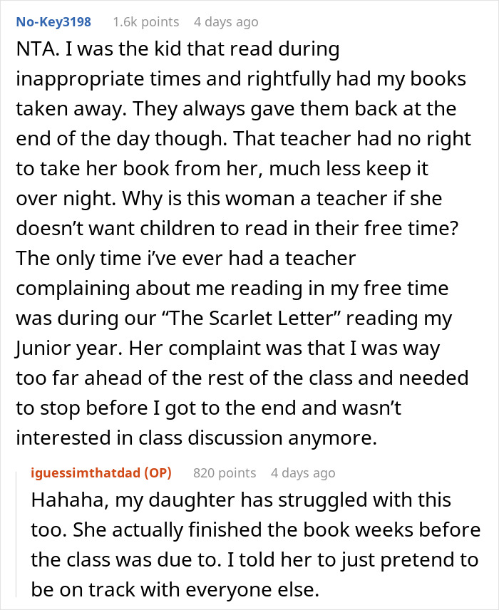 Father Supports His Daughter After The Teacher Took Away Her Book For Reading At Recess, Gets Called A Jerk