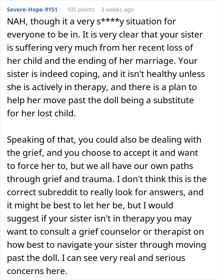 Woman Thinks Her Sister Is Coping With The Loss Of Her Baby In A Creepy And Unhealthy Way, Asks If She Would Be A Jerk To Break It To Her Woman Thinks Her Sister Is Coping With The Loss Of Her Baby In A Creepy And Unhealthy Way, Asks If She Would Be A Jerk To Break It To Her