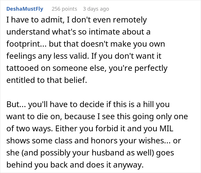 Online discussion about MIL wanting grandkid's footprint tattoo. Online discussion about MIL wanting grandkid's footprint tattoo.