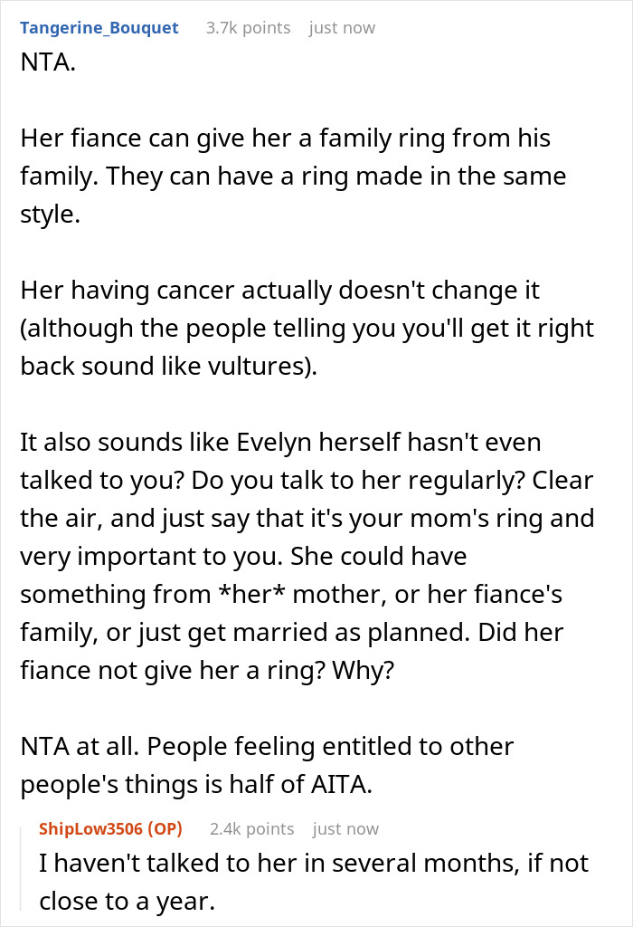 “[Am I The Jerk] For Saying My Terminally Ill Stepsister Can’t Have My Mom’s Engagement Ring”