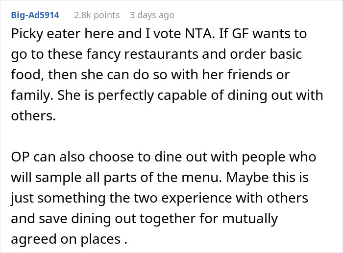"Am I A Jerk For Refusing To Take My Girlfriend To Nice Places Because She Eats Like A Kid?" "Am I A Jerk For Refusing To Take My Girlfriend To Nice Places Because She Eats Like A Kid?"